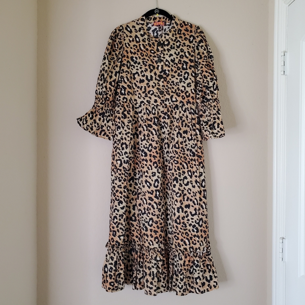 KITRI Womens Midi Dress Cheetah Leopard Print Size US 8 Cotton Pockets Chic
